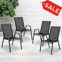 Flash Furniture 4-JJ-303C-GG 4 Pack Brazos Series Black Outdoor Stack Chair with Flex Comfort Material and Metal Frame